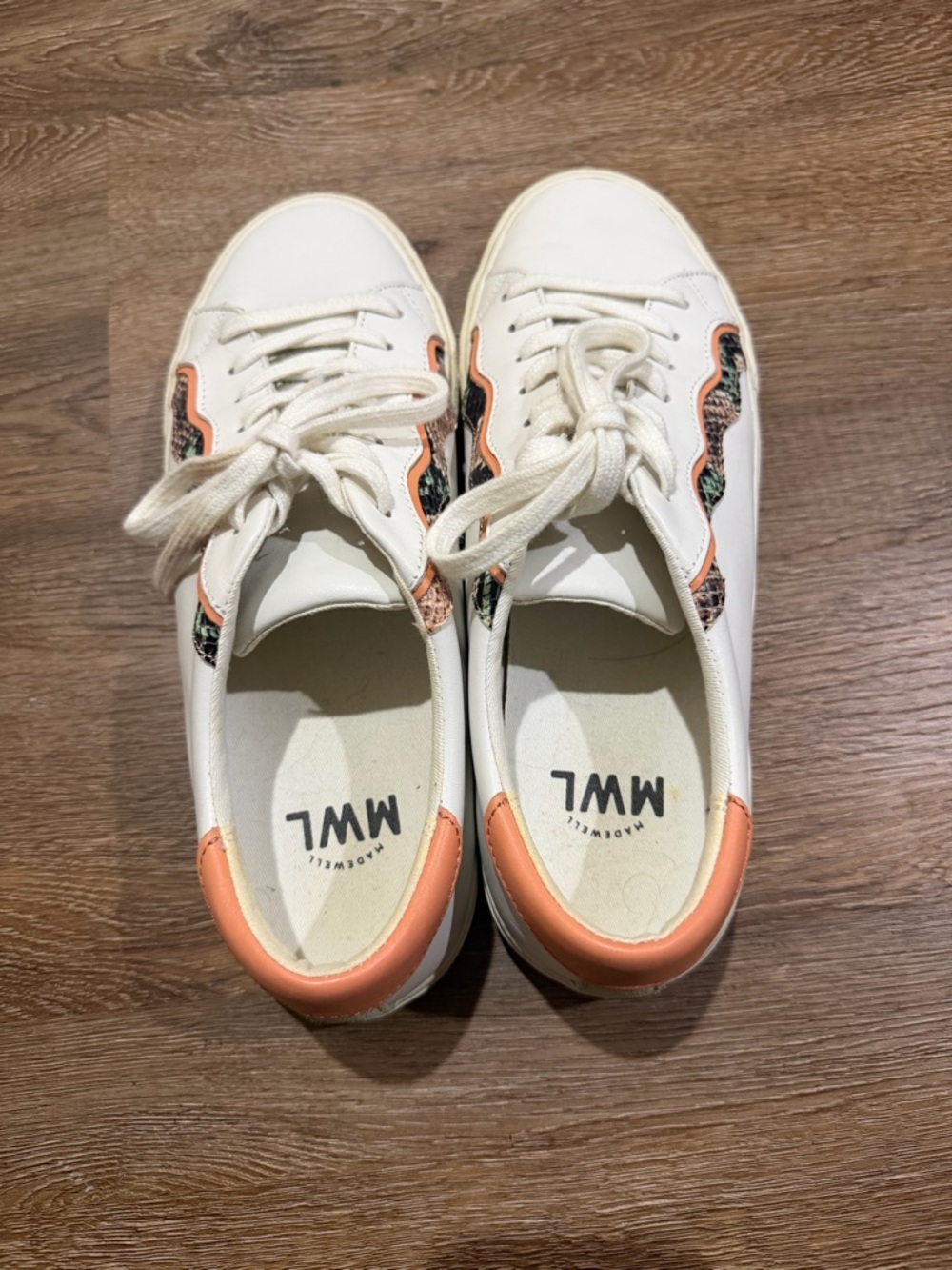 Madewell Sidewalk White Leather Sneakers with Peach Trim and Snake-Print Accent - Picture 7 of 9